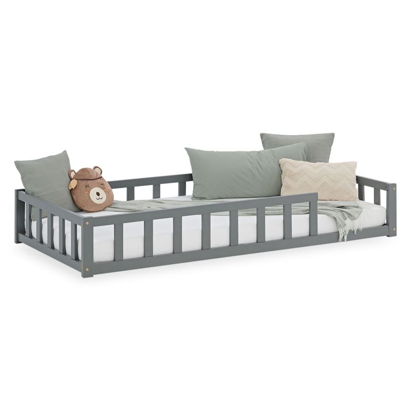 Lit enfant Montessori 90x200cm gris avec matelas et barrières