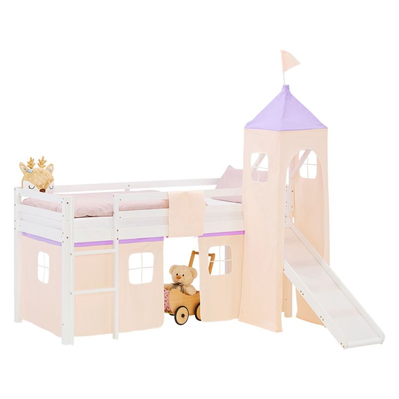 Lit mezzanine 90x200cm avec matelas, toboggan, tour et rideau pêche