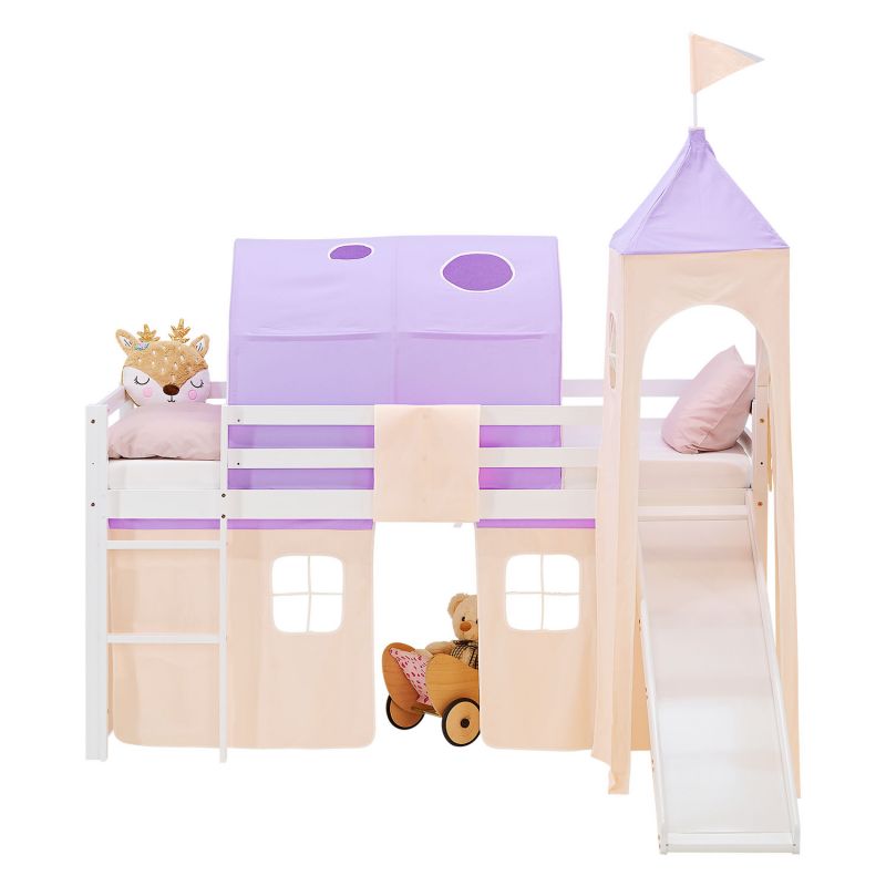 Lit mezzanine 90x200cm avec matelas, toboggan, tour, tunnel et rideau violet