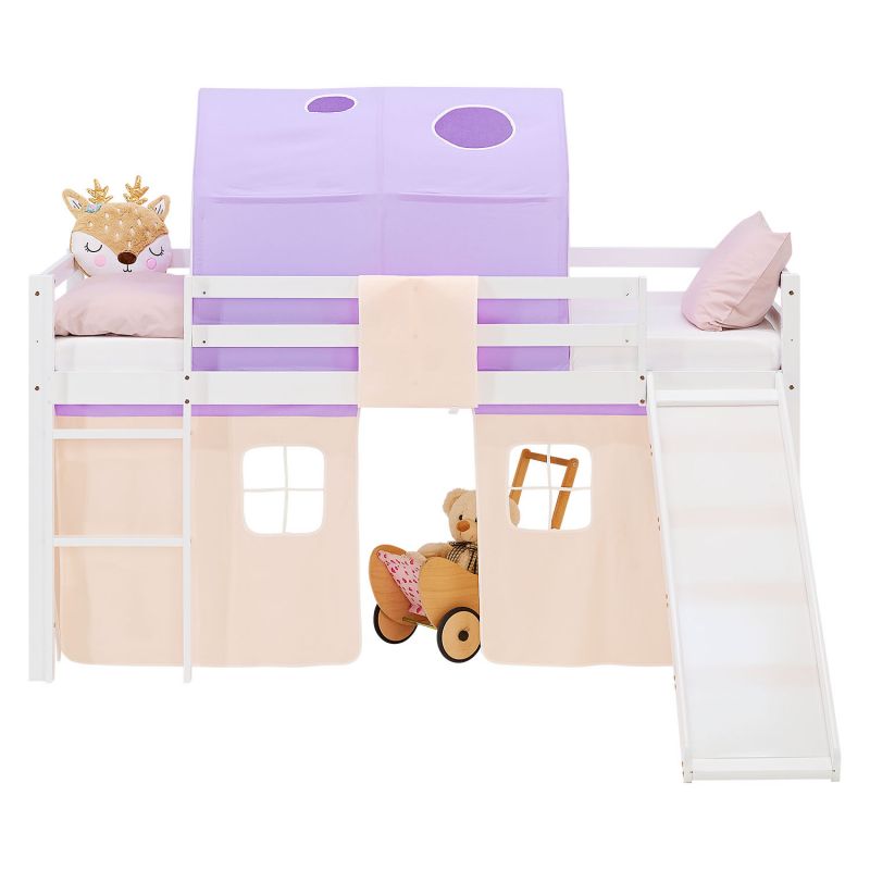 Lit mezzanine 90x200cm avec matelas, toboggan, tunnel et rideau pêche