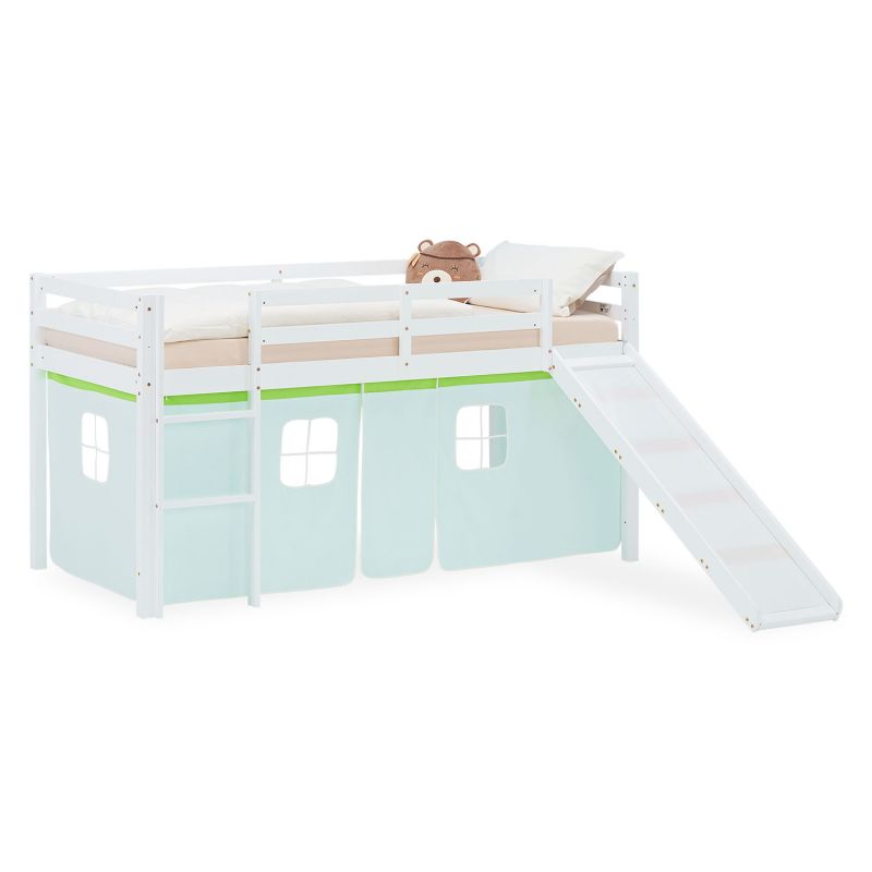 Lit mezzanine 90x200cm avec toboggan et rideau pin vert