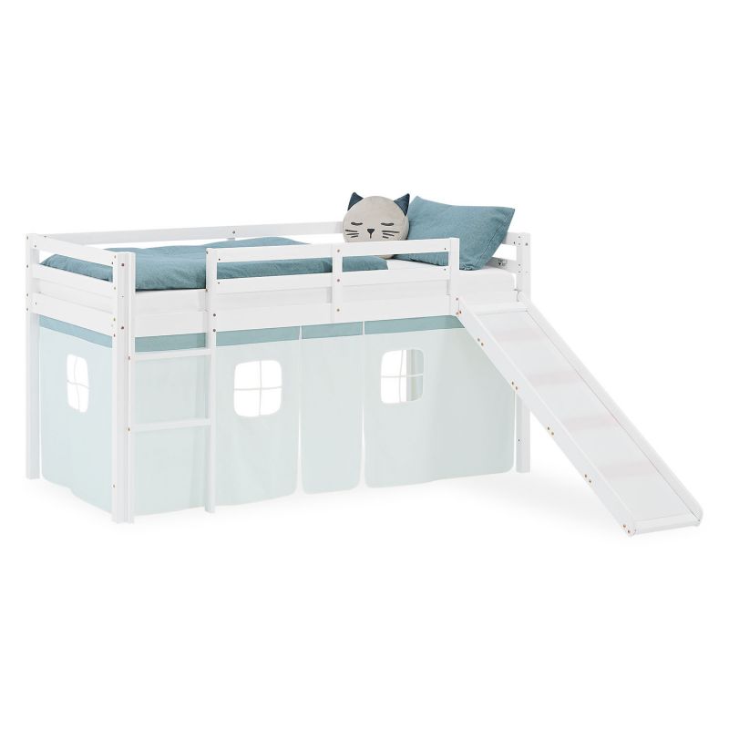 Lit mezzanine 90x200cm avec toboggan et rideau pin vert