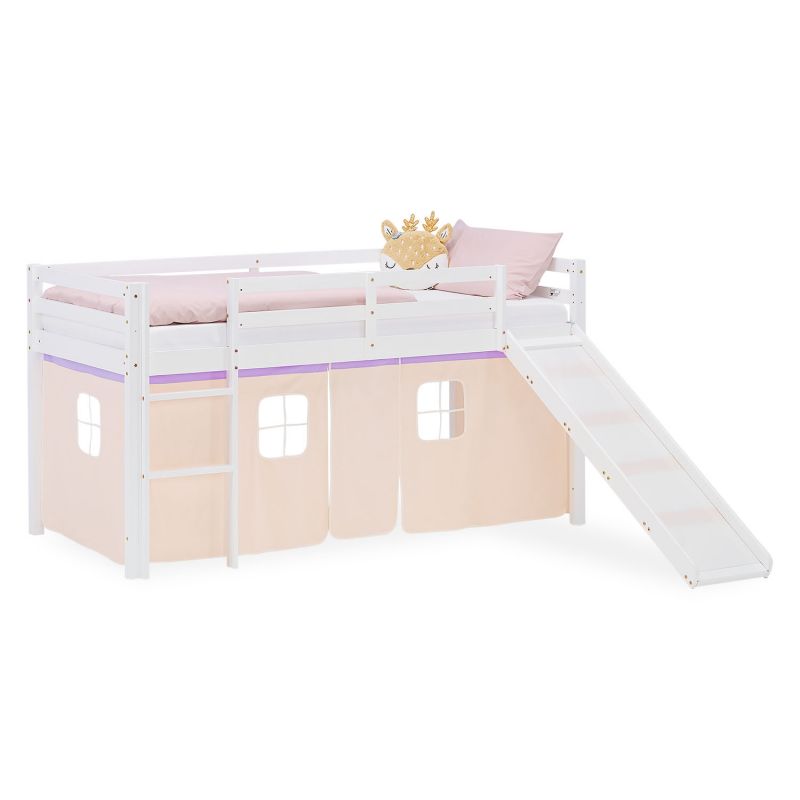 Lit mezzanine 90x200cm avec toboggan et rideau pin pêche