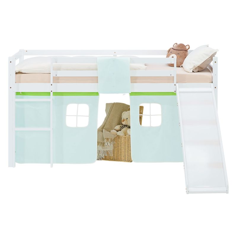 Lit mezzanine 90x200cm avec toboggan, matelas, sommier et rideau vert