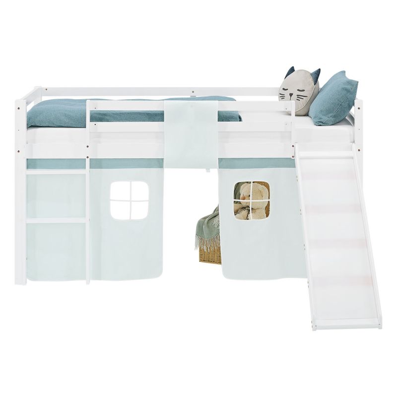 Lit mezzanine 90x200cm avec toboggan, matelas, sommier et rideau vert