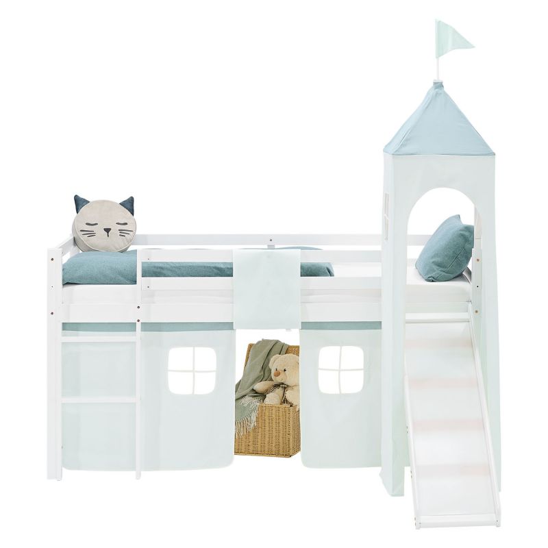 Lit mezzanine 90x200cm avec toboggan, matelas, tour et rideau vert