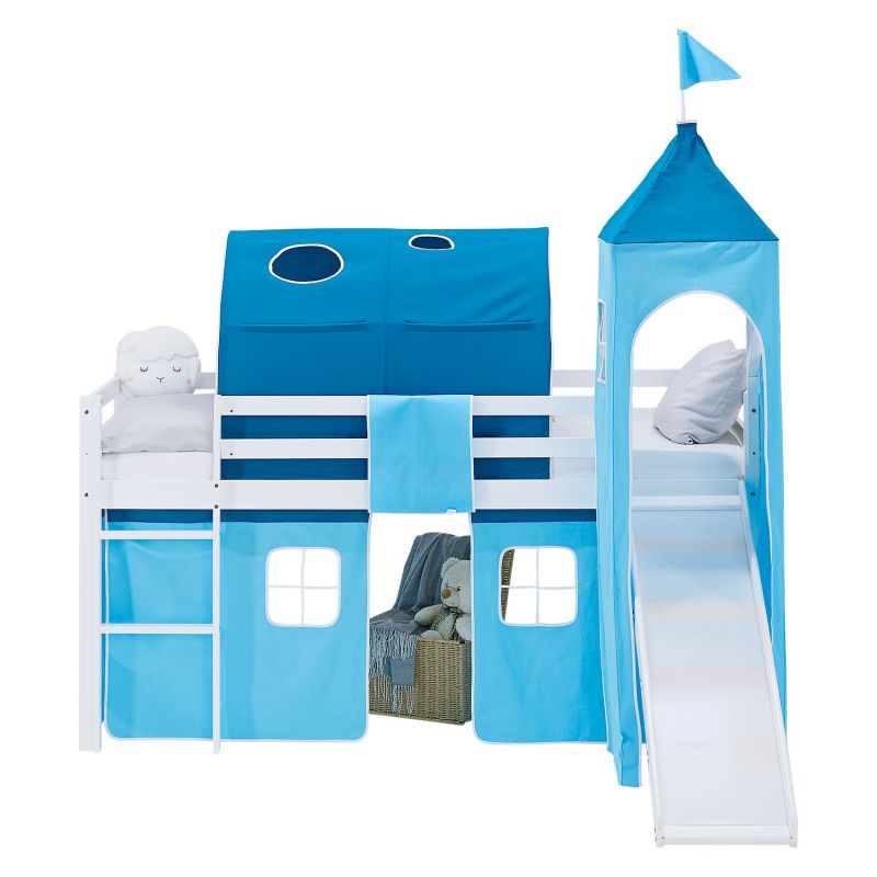 Lit mezzanine 90x200cm avec toboggan, matelas, tour, tunnel et rideau bleu