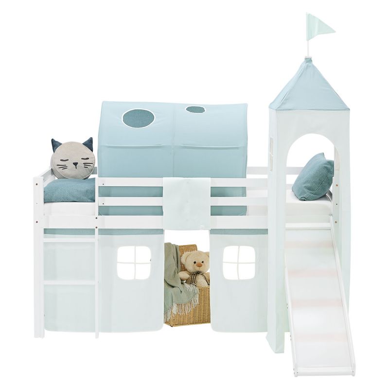 Lit mezzanine 90x200cm avec toboggan, matelas, tour, tunnel et rideau vert