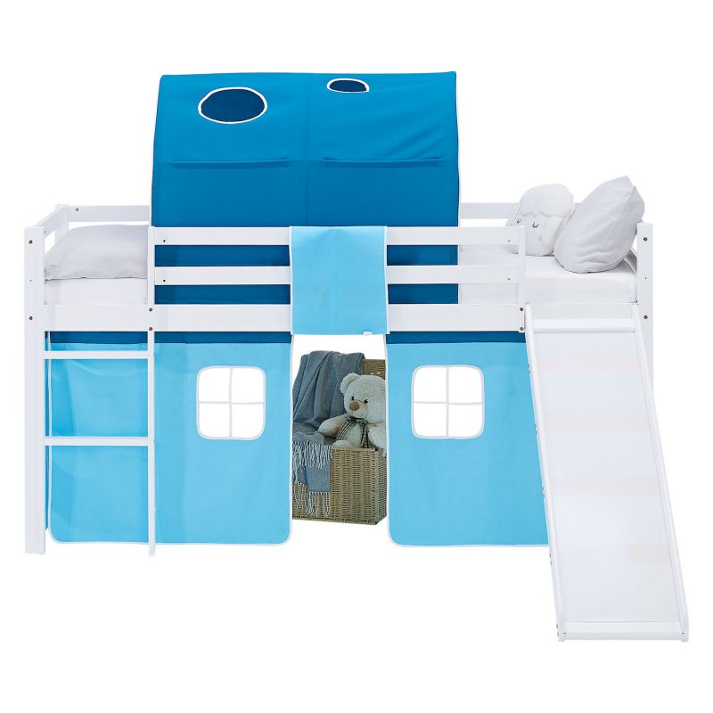 Lit mezzanine 90x200cm avec toboggan, matelas, tunnel et rideau bleu