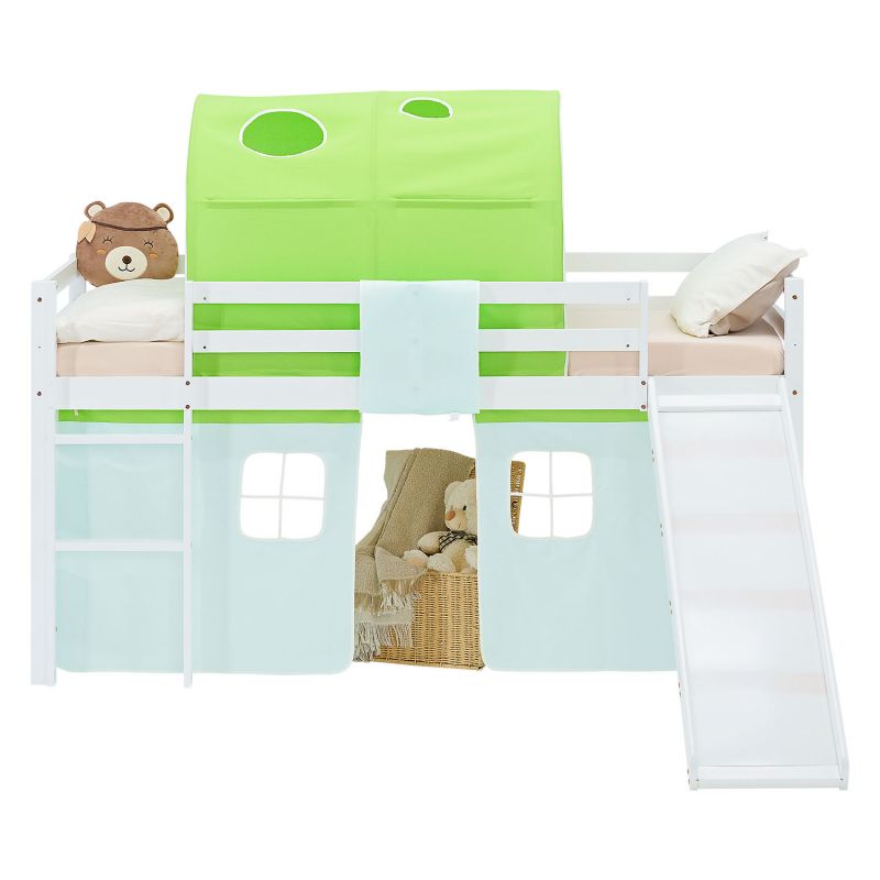Lit mezzanine 90x200cm avec toboggan, matelas, tunnel et rideau vert