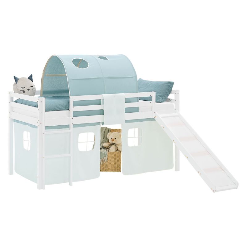 Lit mezzanine 90x200cm avec toboggan, matelas, tunnel et rideau vert