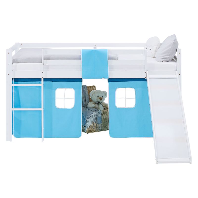 Lit mezzanine 90x200cm avec toboggan, sommier et rideau pin bleu