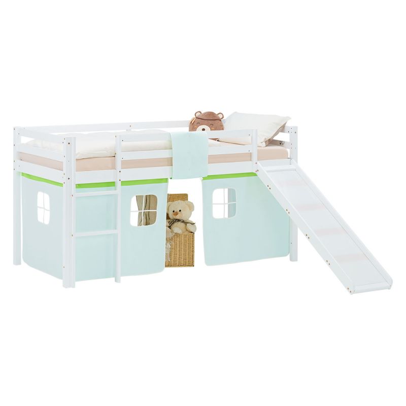 Lit mezzanine 90x200cm avec toboggan, sommier et rideau pin vert