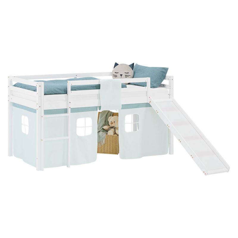 Lit mezzanine 90x200cm avec toboggan, sommier et rideau pin vert