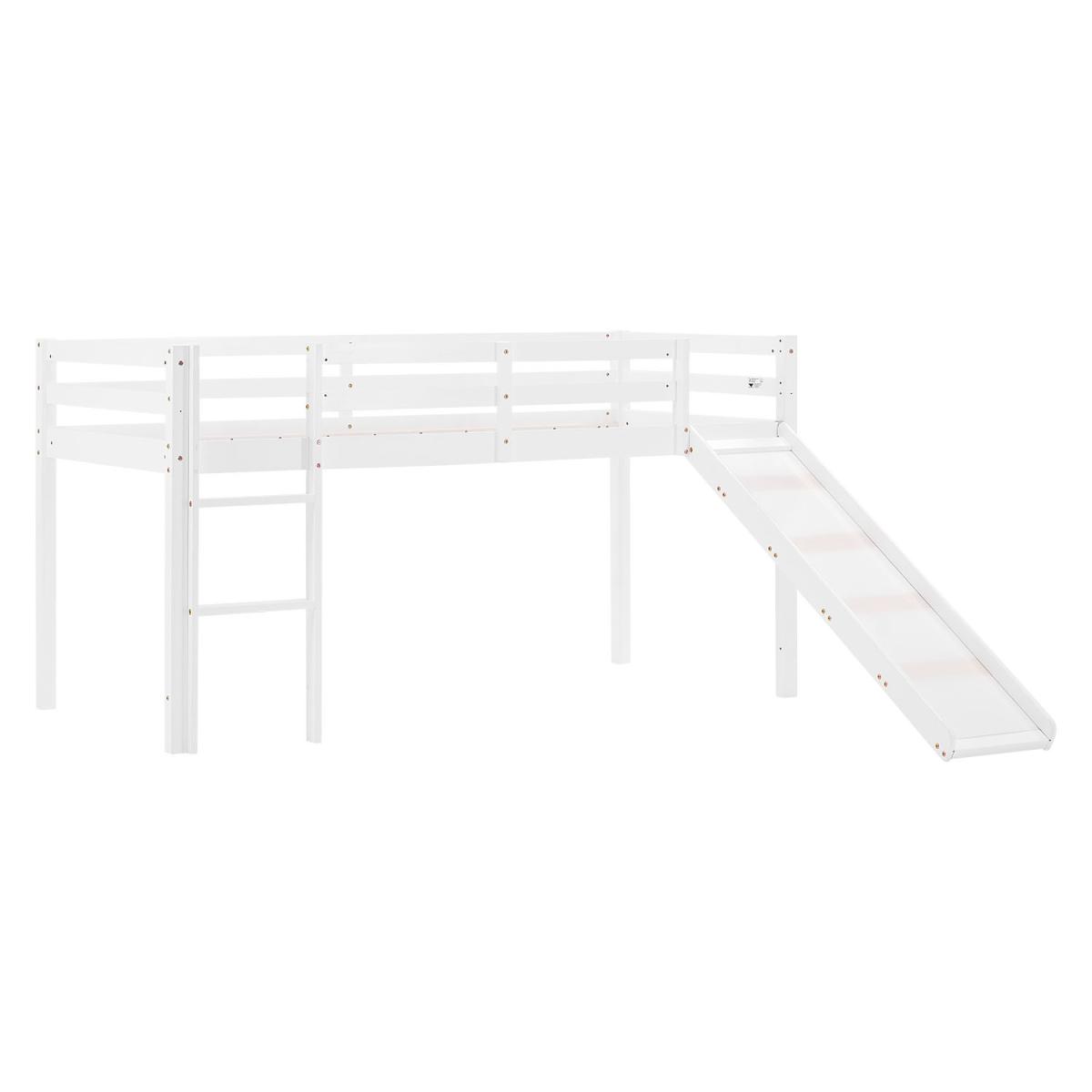 Lit mezzanine enfant 90x200 cm blanc, toboggan, rideau vert menthe, sommier inclus