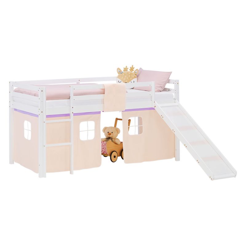 Lit mezzanine 90x200cm avec toboggan, sommier et rideau pin violet/pêche