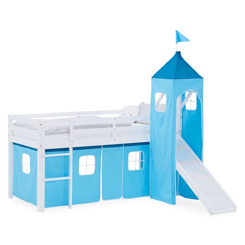 Lit mezzanine 90x200cm avec toboggan, tour et rideau pin bleu