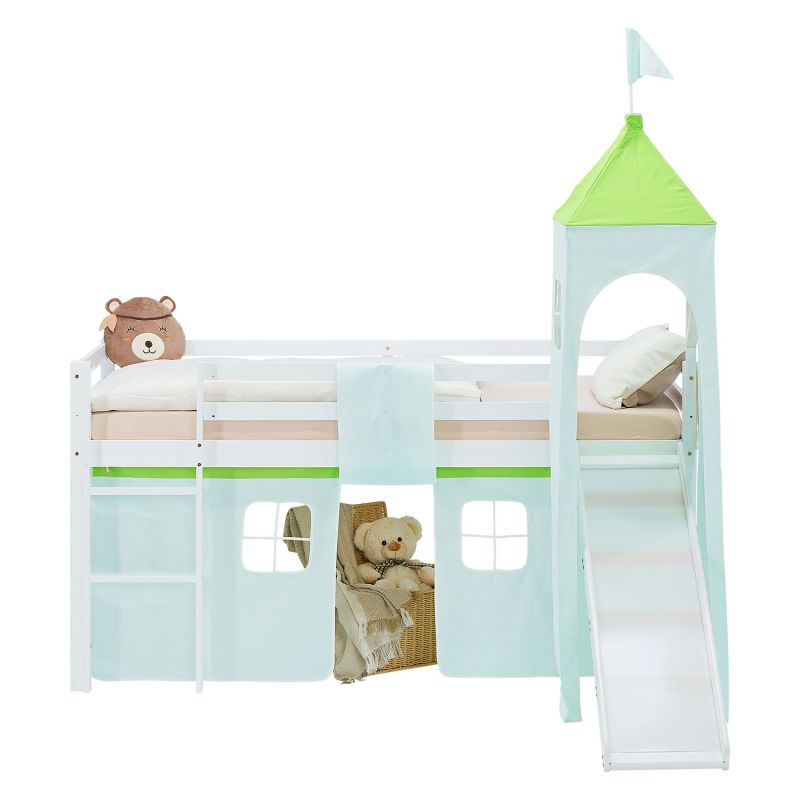 Lit mezzanine 90x200cm avec toboggan, tour et rideau pin vert