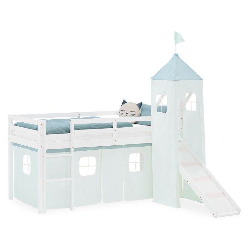 Lit mezzanine 90x200cm avec toboggan, tour et rideau pin vert