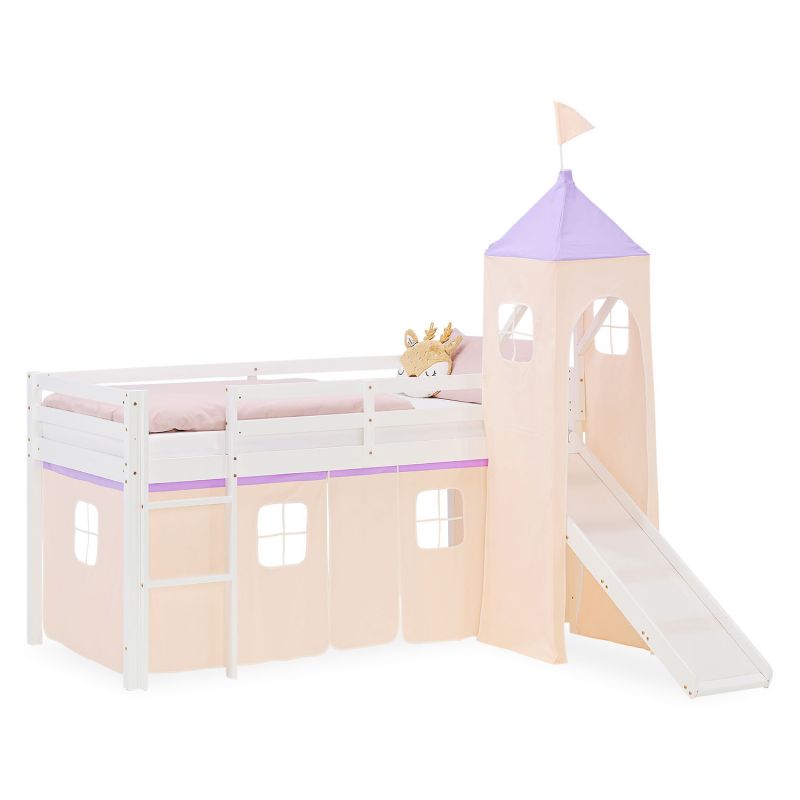 Lit mezzanine 90x200cm avec toboggan, tour et rideau pin violet/pêche