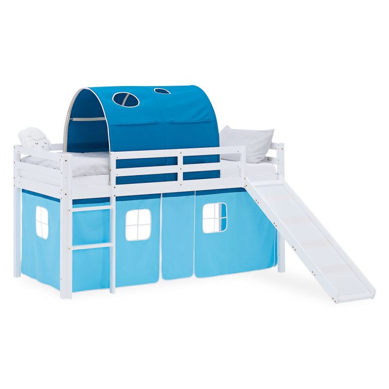 Lit mezzanine 90x200cm avec toboggan, tunnel et rideau pin bleu