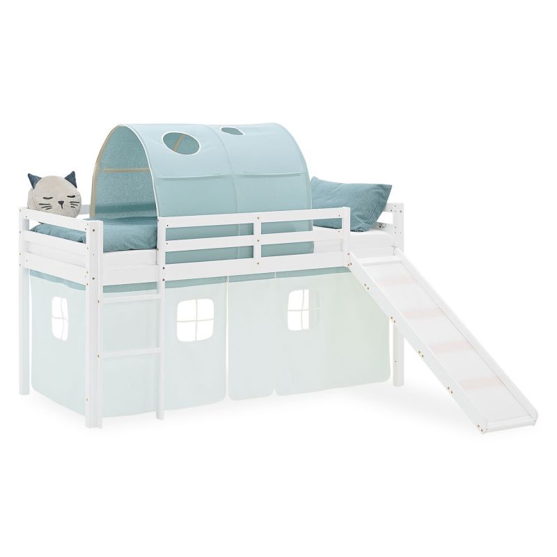 Lit mezzanine 90x200cm avec toboggan, tunnel et rideau pin vert