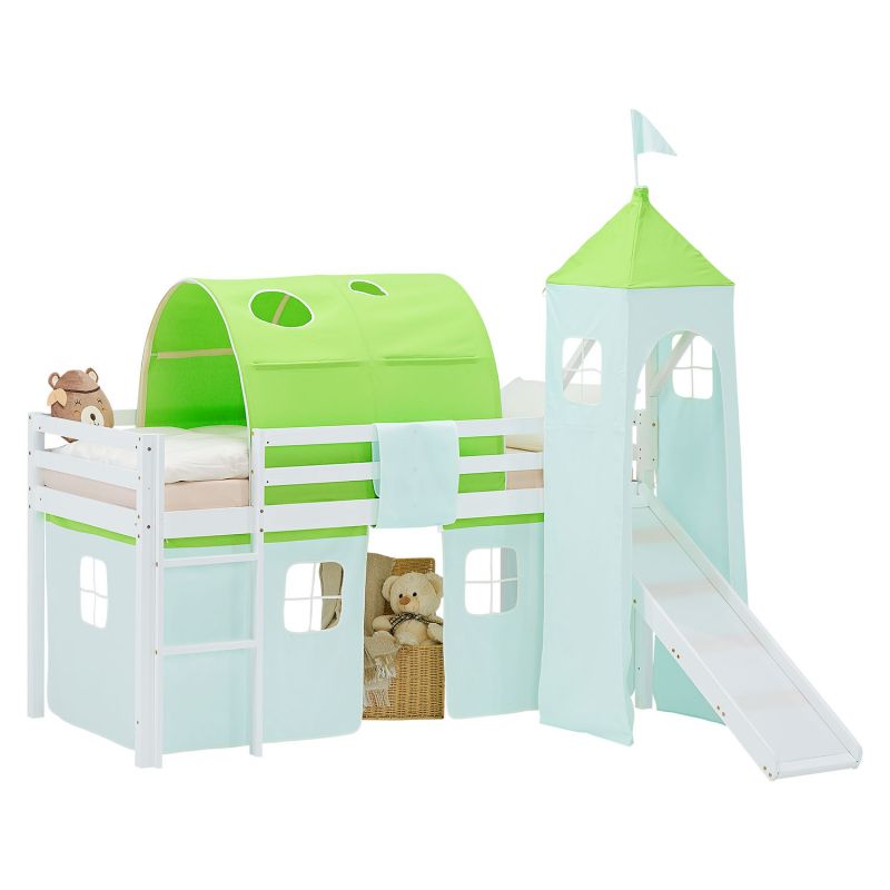 Lit mezzanine 90x200cm sommier, toboggan, tour, tunnel et rideau pin vert