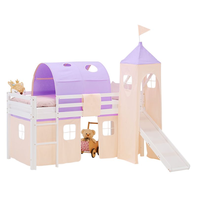 Lit mezzanine 90x200cm sommier, toboggan, tour, tunnel et rideau pin violet