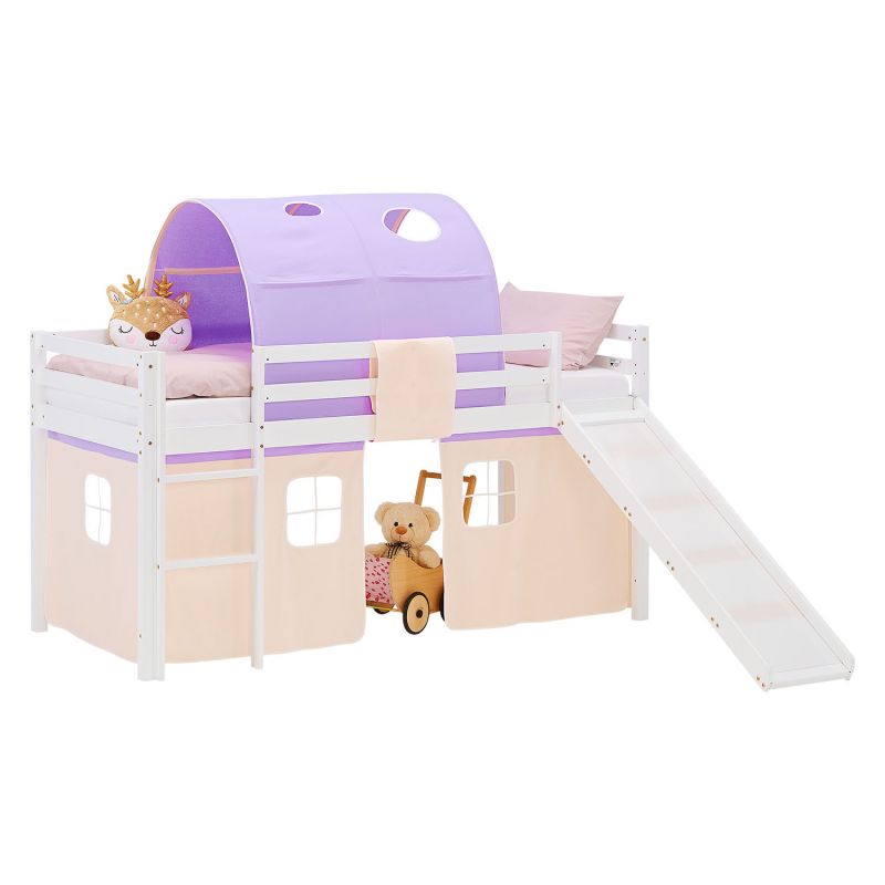 Lit mezzanine 90x200cm sommier, toboggan, tunnel et rideau pin pêche