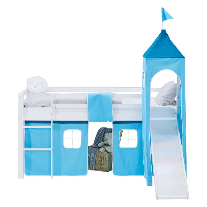 Lit mezzanine 90x200cm toboggan, sommier, tour et rideau pin bleu