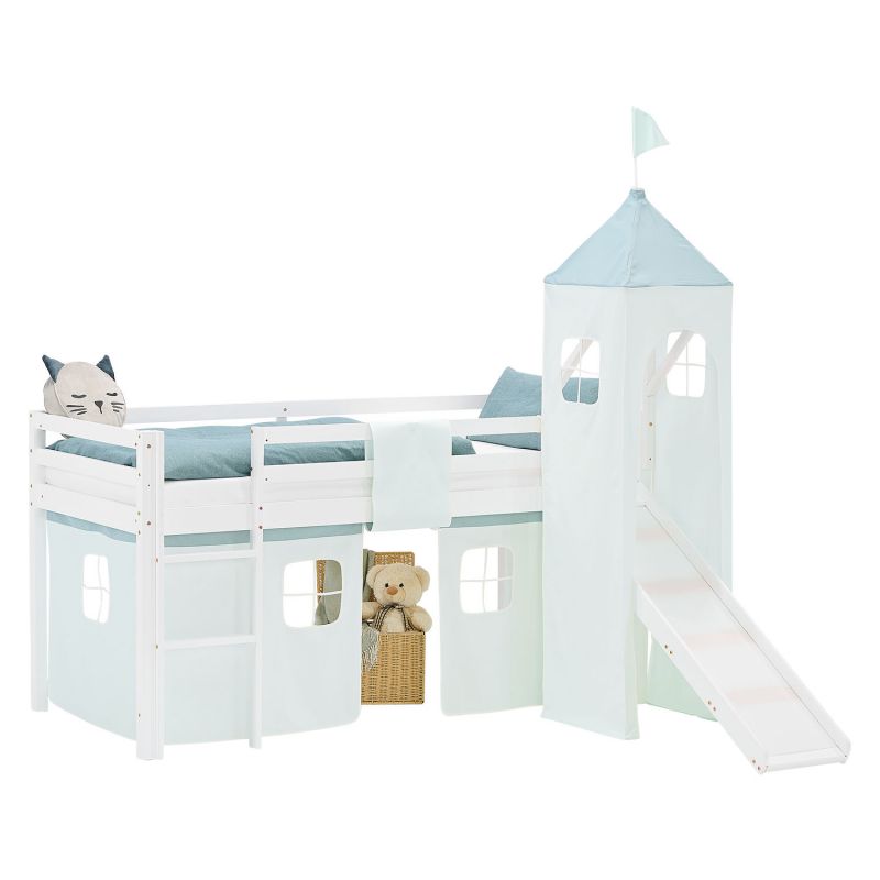 Lit mezzanine 90x200cm toboggan, sommier, tour et rideau pin vert