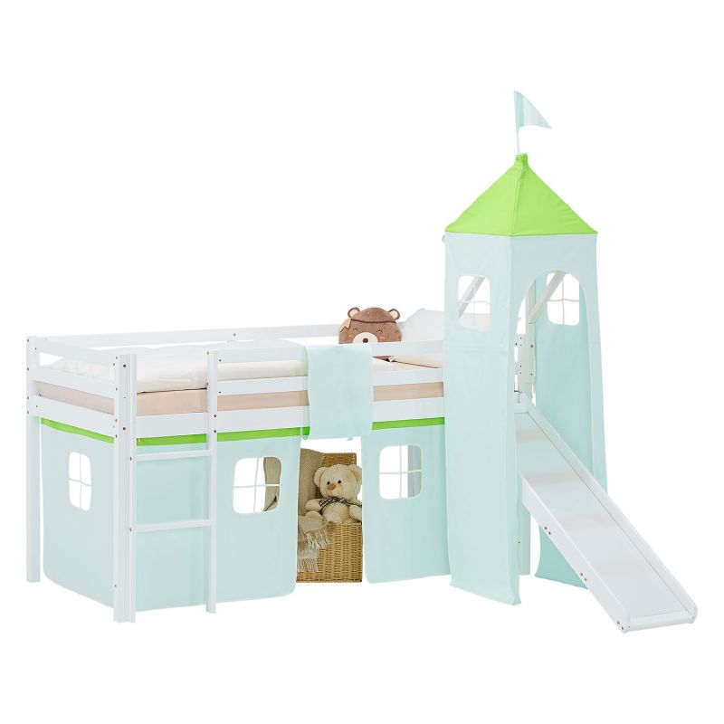 Lit mezzanine 90x200cm toboggan, sommier, tour et rideau pin vert