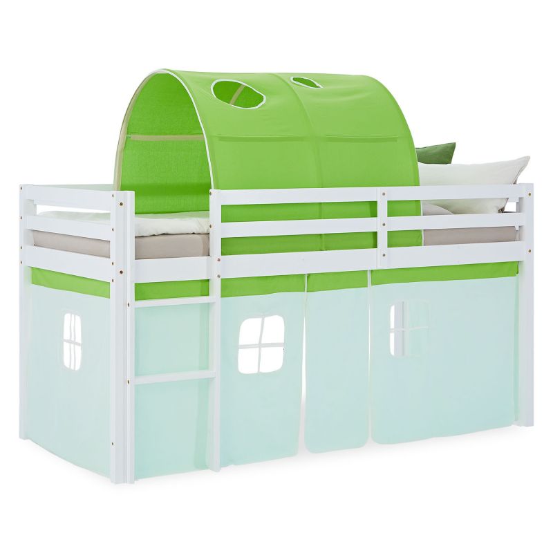 Lit mezzanine 90x200cm toboggan, sommier, tunnel et rideau pin vert