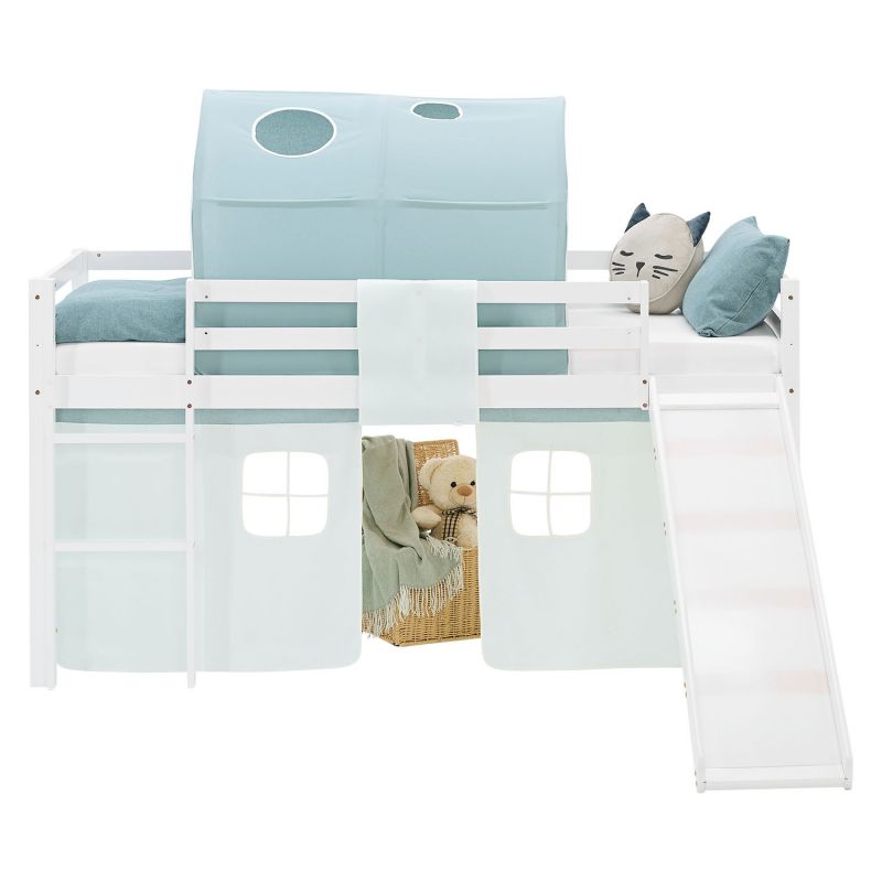 Lit mezzanine 90x200cm toboggan, sommier, tunnel et rideau pin vert