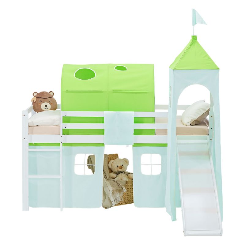 Lit mezzanine 90x200cm toboggan, tour, tunnel et rideau pin vert