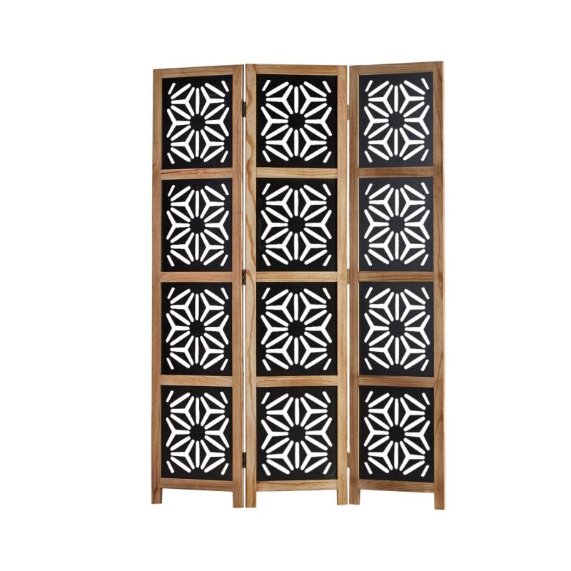 Paravent 3 pans en bois, motifs ornementaux, naturel noir