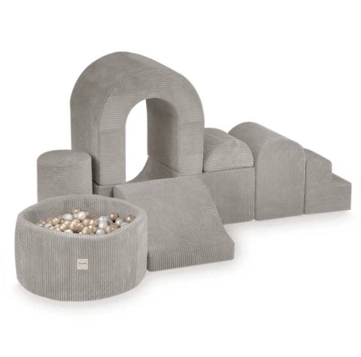 Château de jeux velours côtelé beige avec piscine 150 balles or nacré