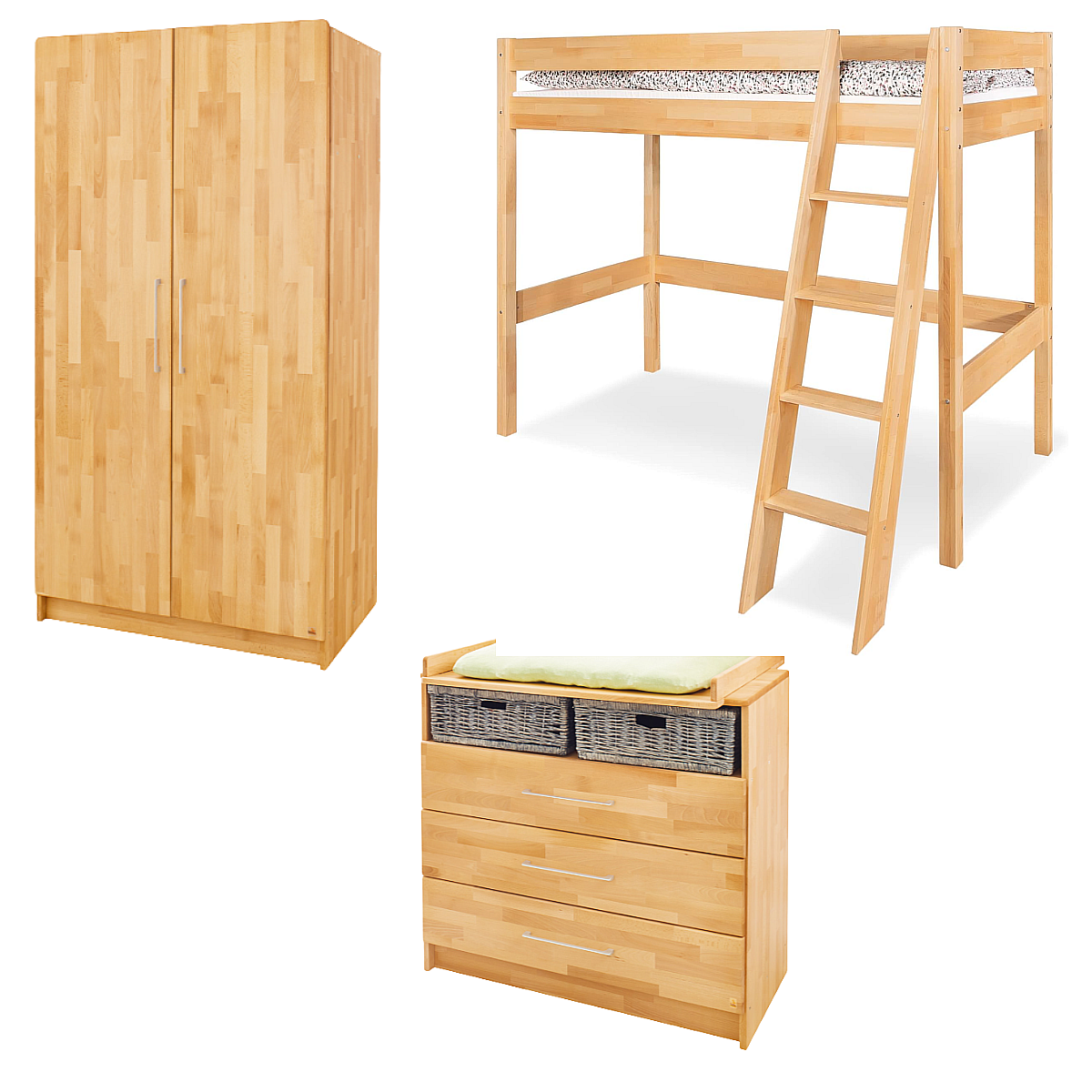 Chambre d'adolescent Natura large avec lit mezzanine 3 pièces