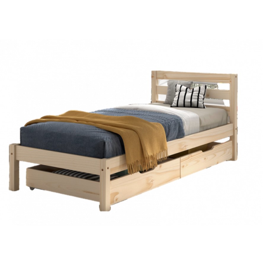 Lit PINO naturel 90x200 - Sommier + tiroirs