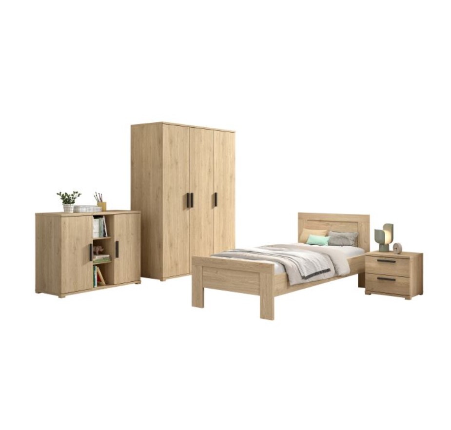 Ensemble SAM - Lit + chevet + armoire 3P + commode