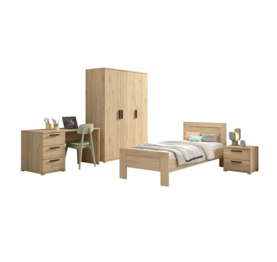 Ensemble SAM - Lit + chevet + armoire 3P + bureau