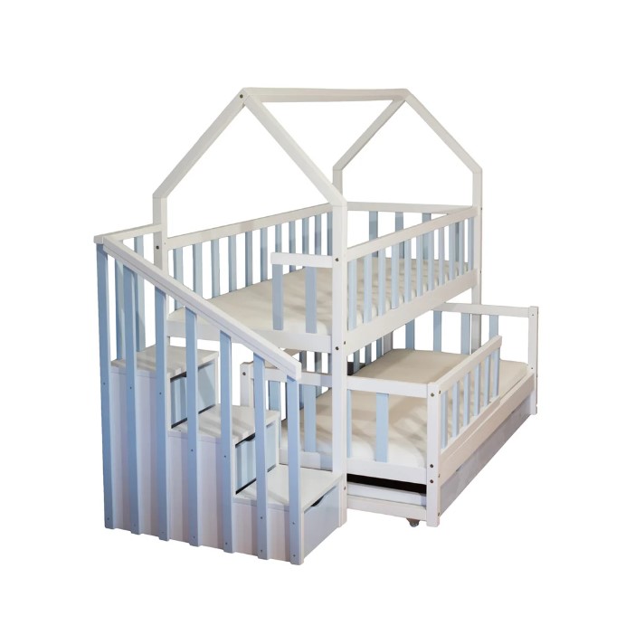 Lit cabane mi-haut pin bleu