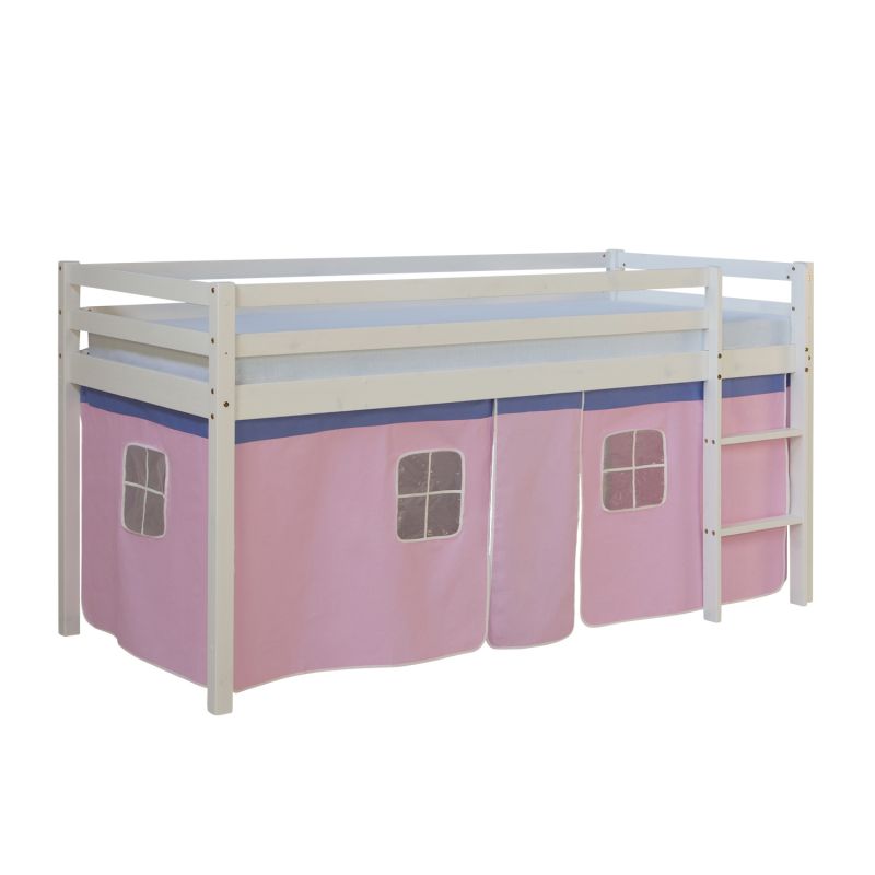 Lit mi-hauteur enfant échelle pin rideau rose 90x200