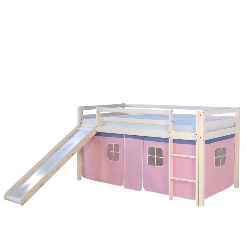 Lit mi-hauteur enfant toboggan pin rideau rose 90x200