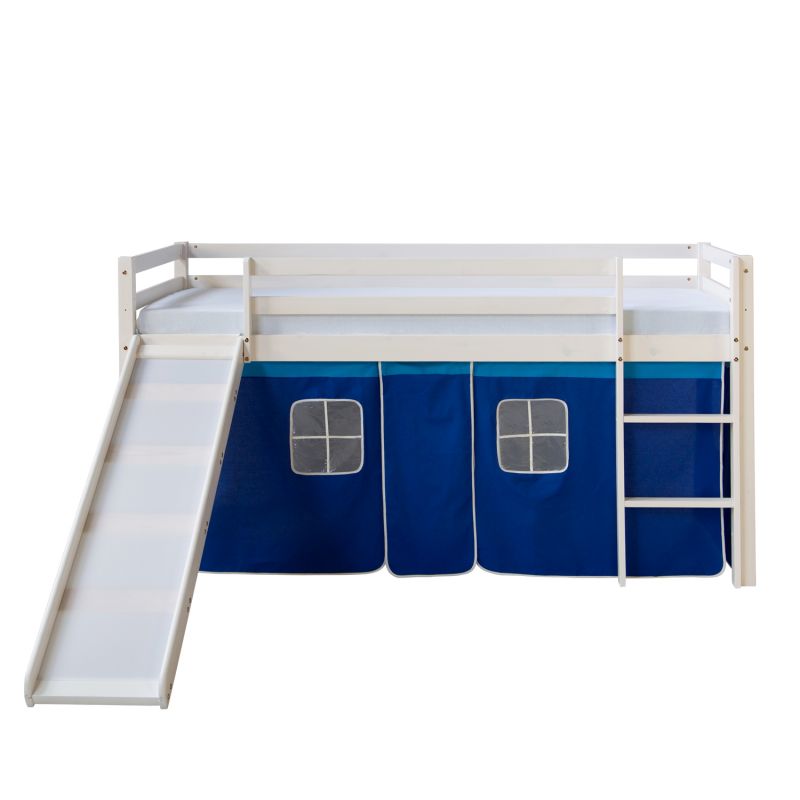 Lit mi-hauteur enfant toboggan pin rideau bleu 90x200
