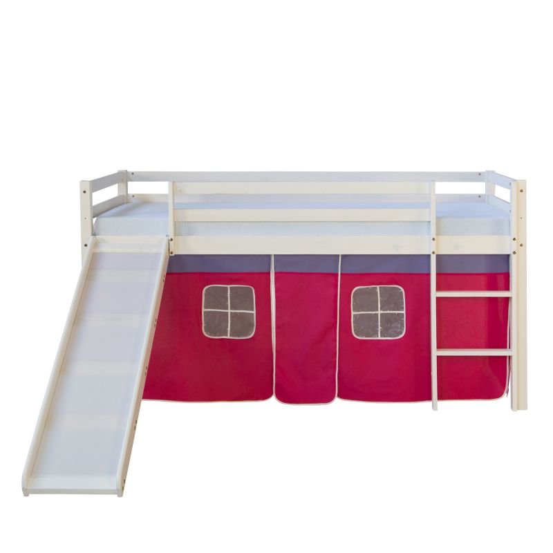 Lit mi-hauteur enfant toboggan pin rideau rouge 90x200