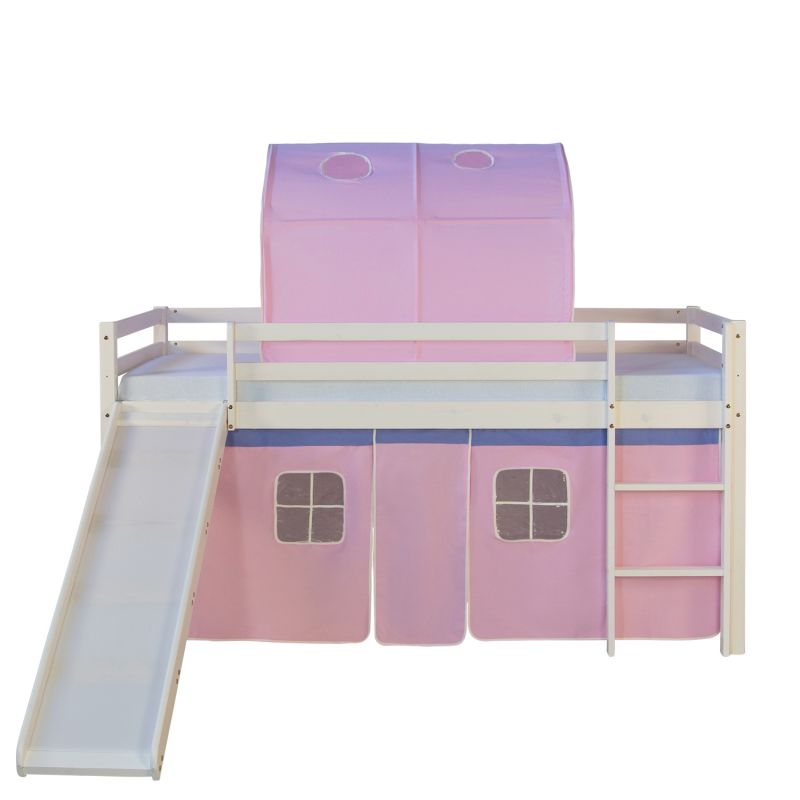 Lit mi-hauteur enfant échelle toboggan tunnel pin rideau rose 90x200