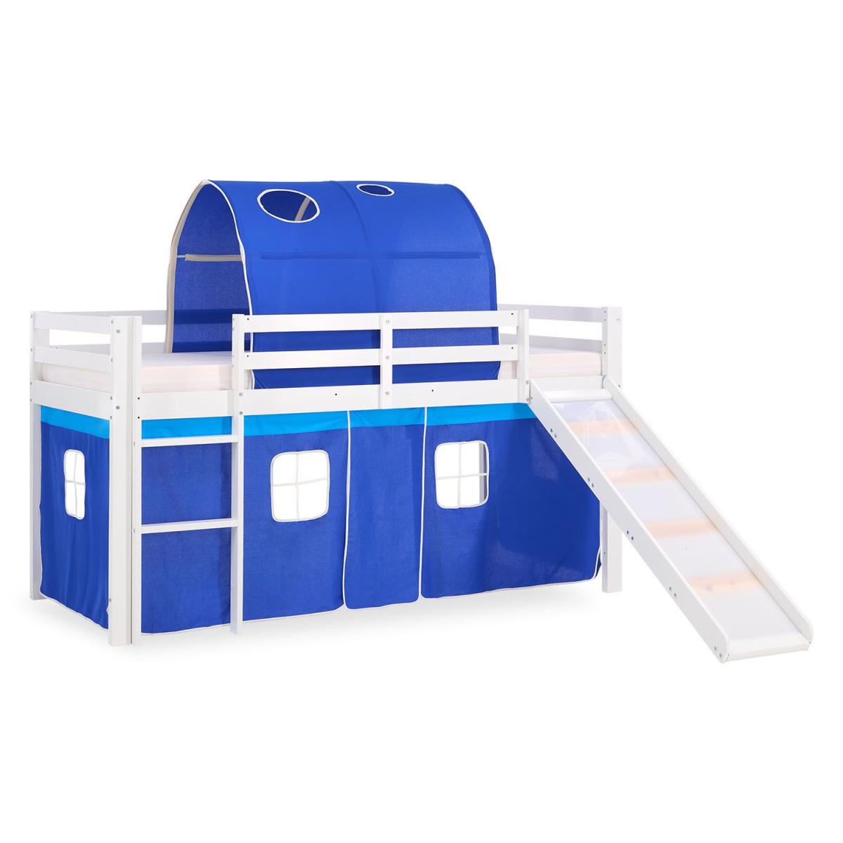 Lit mi-hauteur enfant échelle toboggan tunnel pin rideau bleu 90x200