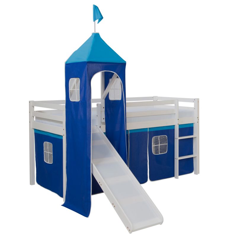 Lit mi-hauteur enfant toboggan tour pin rideau bleu 90x200