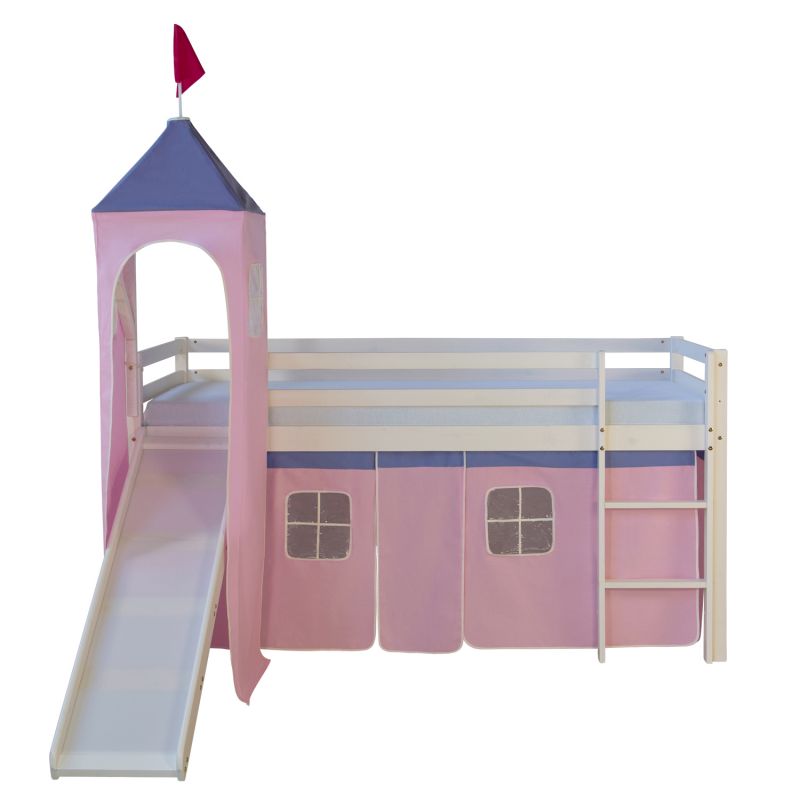 Lit mi-hauteur enfant toboggan tour pin rideau rose 90x200